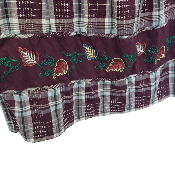 Vintage National Burgundy Plaid Embroidered Fall Leaf Dress Boho Teacher Outfit - Picture 7 of 12